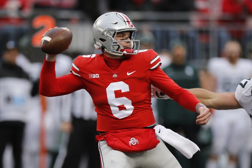 Ohio State quarterback Kyle McCord plays against Michigan State during an NCAA college football game Saturday, Nov. 20, 2021, in Columbus, Ohio. (AP Photo/Jay LaPrete)