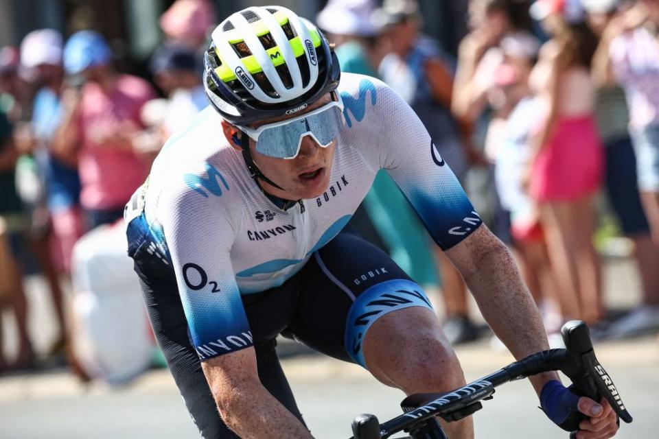 Movistar Teams US rider Matteo Jorgenson cycles in a breakaway during the 9th stage of the 110th edition of the Tour de France cycling race 1825 km between SaintLeonarddeNoblat and Puy de Dome in central France on July 9 2023 Photo by AnneChristine POUJOULAT  AFP Photo by ANNECHRISTINE POUJOULATAFP via Getty Images