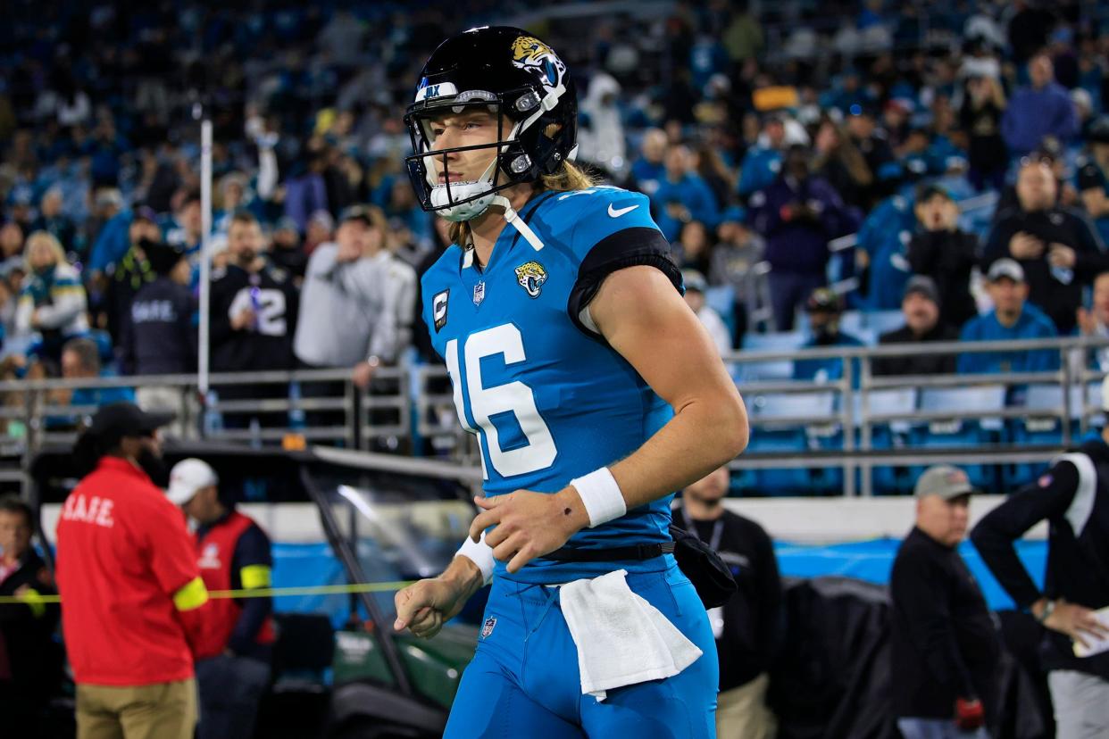 The Jaguars' Trevor Lawrence (16) is among a minimum half-dozen AFC quarterbacks that will make for entertaining matchups in the next decade, including Saturday night's meeting in an AFC wild-card game with the Los Angeles Chargers' Justin Herbert.