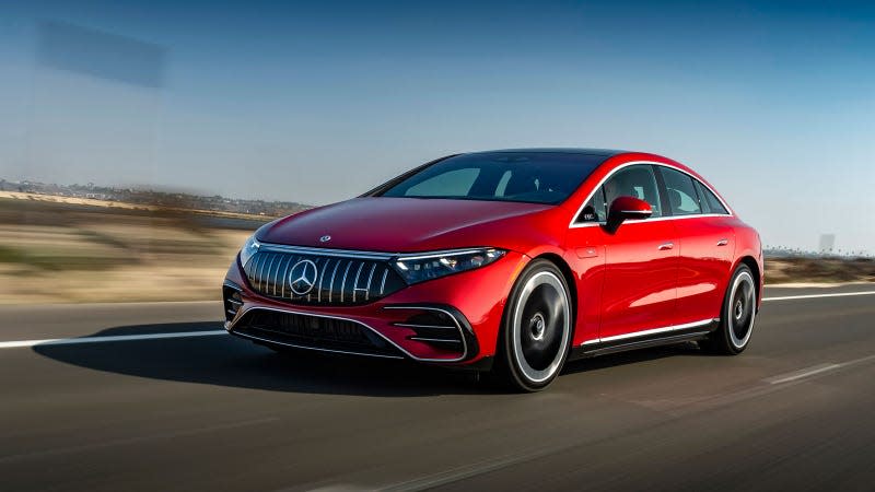 A photo of a red Mercedes AMG EQS Sedan. 