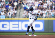 Seattle Mariners' Julio Rodriguez runs the bases after hitting a home run against the New York Yankees during the fourth inning of a baseball game Monday, May 29, 2023, in Seattle. (AP Photo/Lindsey Wasson)