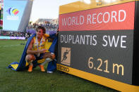 FILE - Armand "Mondo" Duplantis, of Sweden, celebrates after setting a world record in the men's pole vault final at the World Athletics Championships on July 24, 2022, in Eugene, Ore. World-record setters Duplantis and Sydney McLaughlin-Levrone were named World Athletes of the Year on by track's international governing body Monday, Dec. 5, adding yet another achievement to a remarkable 2022 for both athletes. (AP Photo/Charlie Riedel, File)