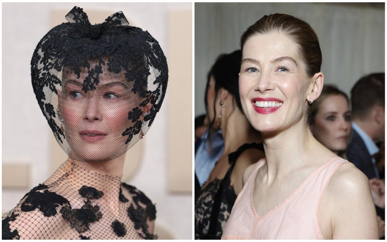 Rosamund Pike wearing her dramatic veil at the Golden Globes (left), and looking bruise-free at the Vanity Fair and Amazon MGM Studios awards the night before