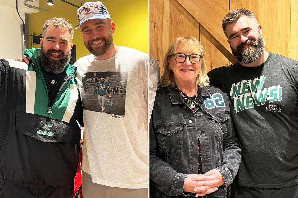 <p>New Heights Show/Twitter</p> Travis and Donna Kelce wear sweet Philadelphia Eagles merch dedicated to Jason after his NFL retirement