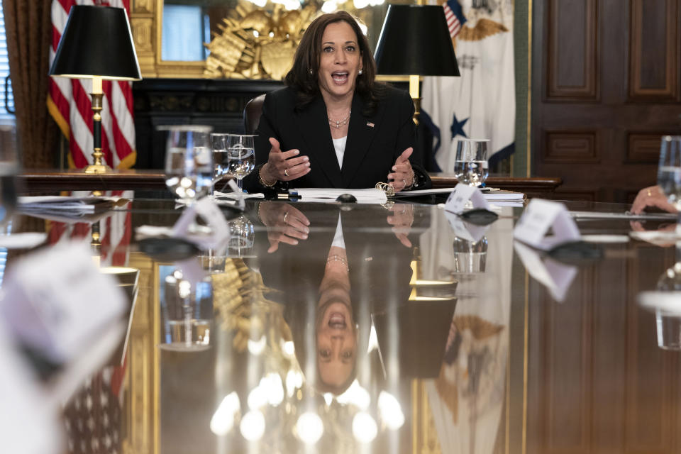 Vice President Kamala Harris attends a meeting with business CEO's about economic development in the Northern Triangle, Thursday, May 27, 2021, from her ceremonial office on the White House complex in Washington. (AP Photo/Jacquelyn Martin)