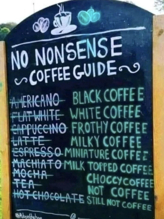 A blackboard sign titled "No Nonsense Coffee Guide" explains various coffee types simply, such as Americano being black coffee, and Cappuccino being frothy coffee