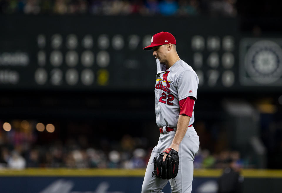 SEATTLE, WA - JULY 02:  Jack Flaherty #22 of the St. Louis Cardinals walks off the mound with his jersey in his mouth as he is taken out of the game in the fifth inning against the Seattle Mariners at T-Mobile Park on July 2, 2019 in Seattle, Washington. (Photo by Lindsey Wasson/Getty Images)