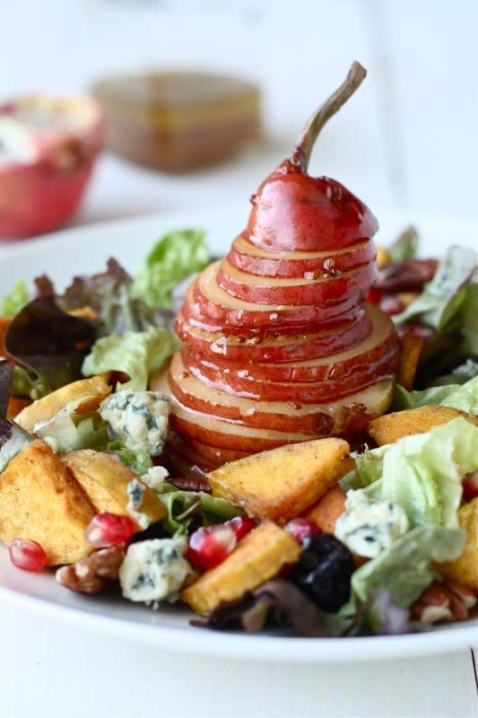 The maple cider vinaigrette brings the flavors of butternut squash, pecans, blue cheese, pear, and pomegranate together.&nbsp;Recipe:&nbsp;Fall Harvest Salad with Maple Cider Vinaigrette