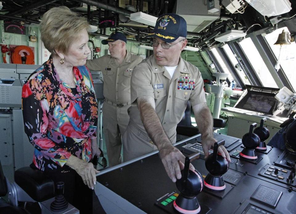 Rep. Kay Granger gets a tour of the bridge of the USS Fort Worth from Commanders Randy Blankenship, right, and Warren Cupps in Galveston on Sept. 20, 2012.