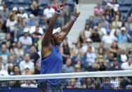 Taylor Townsend, of the United States, reacts after defeating Simona Halep, of Romania, during the second round of the US Open tennis championships Thursday, Aug. 29, 2019, in New York. (AP Photo/Kevin Hagen)