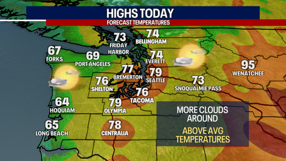 <div>Highs in the greater Seattle region will be a little cooler than Friday's.</div> <strong>(FOX 13 Seattle)</strong>