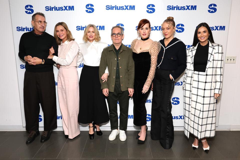 Jon Robin Baitz, Calista Flockhart, Naomi Watts, Tom Hollander, Molly Ringwald, Chloe Sevigny and Demi Moore take part in SiriusXM's Town Hall with the cast of "Feud: Capote vs. The Swans" on January 23, 2024, in New York City.