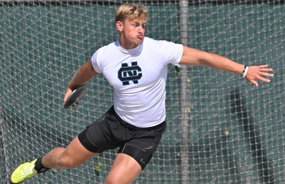 Clovis North’s McKay Madsen throws in the Boys Discus at the 2023 CIF California Track & Field State Championship qualifiers Friday, May 26, 2023 in Clovis.