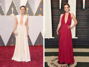 <p>For the Oscars red carpet, Olivia Wilde opted for a Valentino Haute Couture gown. She looked hot — sideboob and cleavage! — and was probably feeling that way physically as well considering the piece was made of wool. For the Vanity Fair Oscar party, she changed into a red halter dress made of chiffon. </p><p><i>(Photos: Getty Images)</i></p>