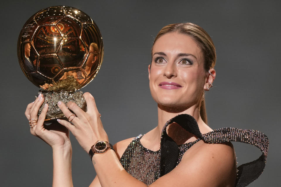 FILE - Barcelona's Alexia Putellas celebrates after winning the women's Ballon d'Or during the 66th Ballon d'Or ceremony at Theatre du Chatelet in Paris, France, Monday, Oct. 17, 2022. (AP Photo/Francois Mori, FIle)