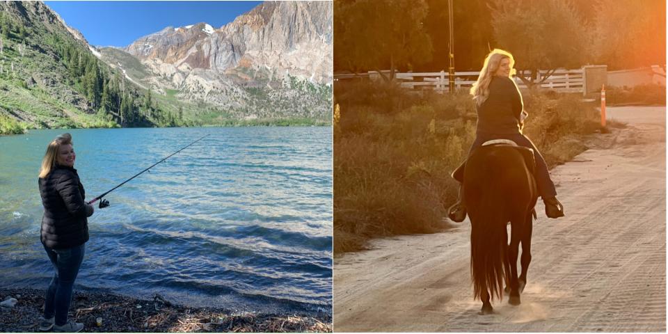 Kellee Speakman fishing and a photo of her on a horse