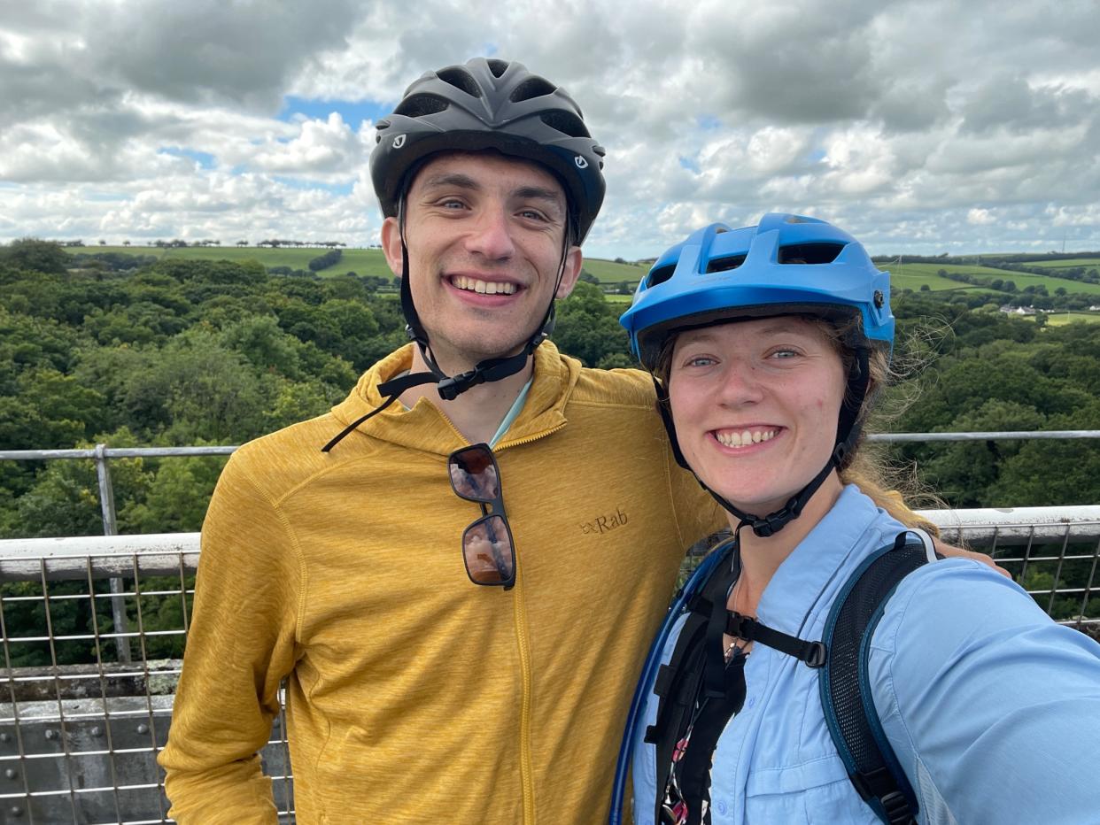 Veronica White and her boyfriend Brett McKim who are cycling from the University of Exeter to Truro for her graduation ceremony in the city's cathedral