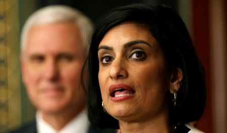 FILE PHOTO: Administrator of the Centers for Medicare and Medicaid Services Seema Verma speaks after being sworn in by U.S. Vice President Mike Pence in Washington, U.S., March 14, 2017. REUTERS/Kevin Lamarque/File Photo