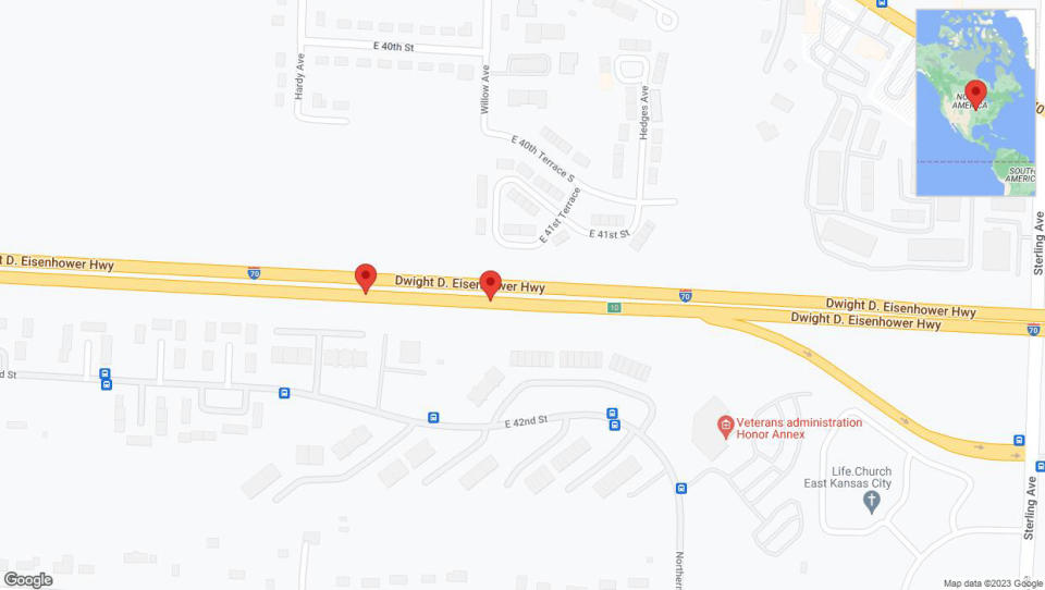 A detailed map that shows the affected road due to 'Broken down vehicle on eastbound I-70 in Kansas City' on November 22nd at 5:47 p.m.