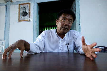 Htun Aung Kyaw, secretary general of the Arakan National Party, gestures during an interview at the party's headquarters in Sittwe, Myanmar September 20, 2017. Picture taken September 20, 2017. REUTERS/Andrew RC Marshall