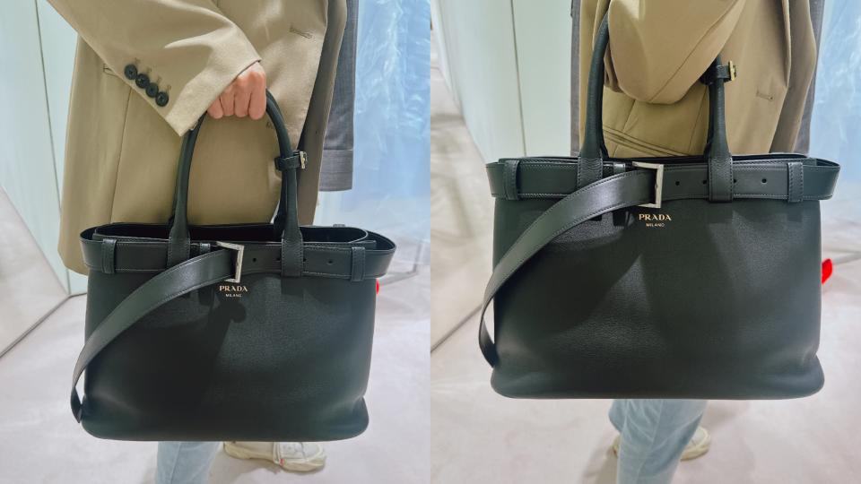 2024黑色精品包盤點：Prada Buckle 皮革連雙皮帶包，NT$160,000。圖片來源：編輯拍攝