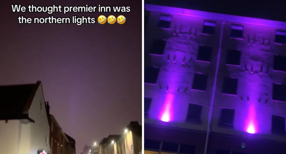 Two students went towards the purple sky mistaking it Aurora Borealis when it was actually the Premier Inn in Norwich. 