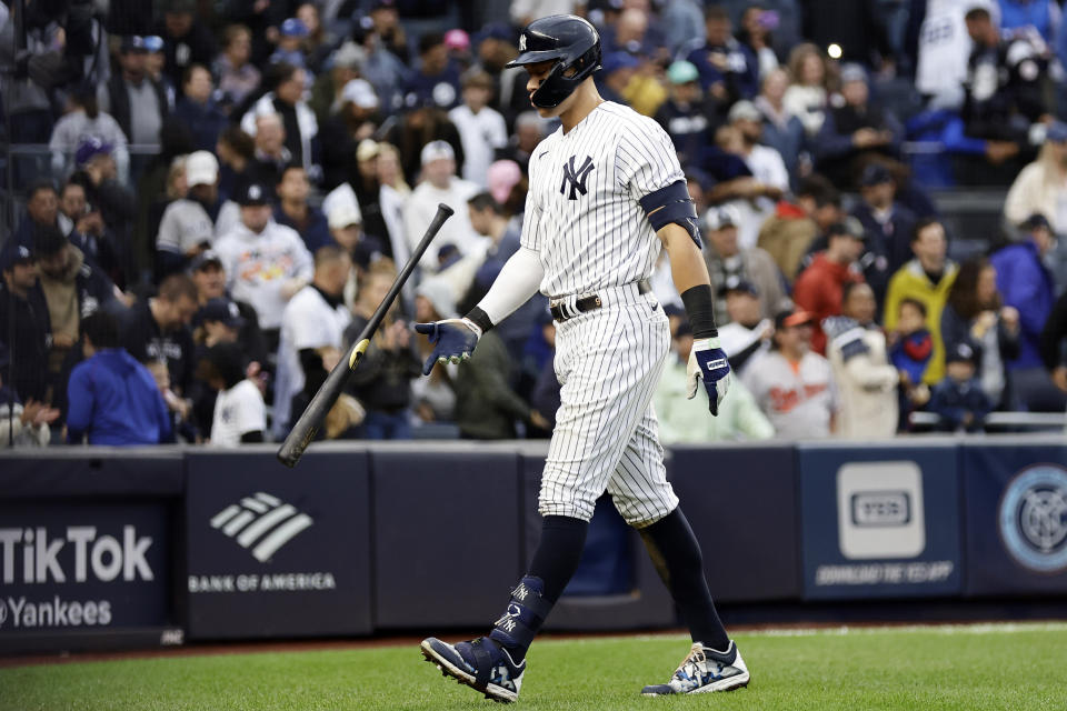 New York Yankees' Aaron Judge reacts after striking out during the eighth inning of the team's baseball game against the Baltimore Orioles, Saturday, Oct. 1, 2022, in New York. (AP Photo/Adam Hunger)