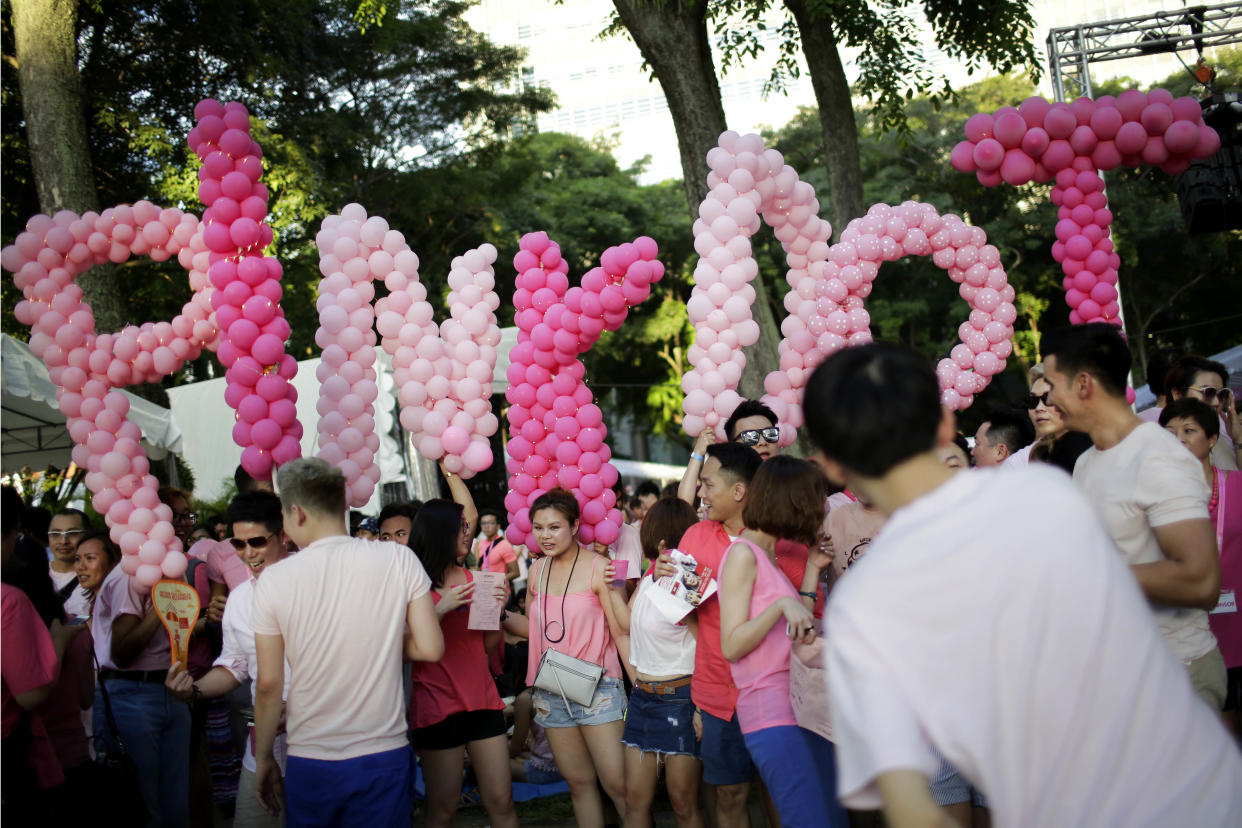 Attendees of Pink Dot 2017 seen gathered at Hong Lim Park on 1 July last year. (PHOTO: Associated Press)