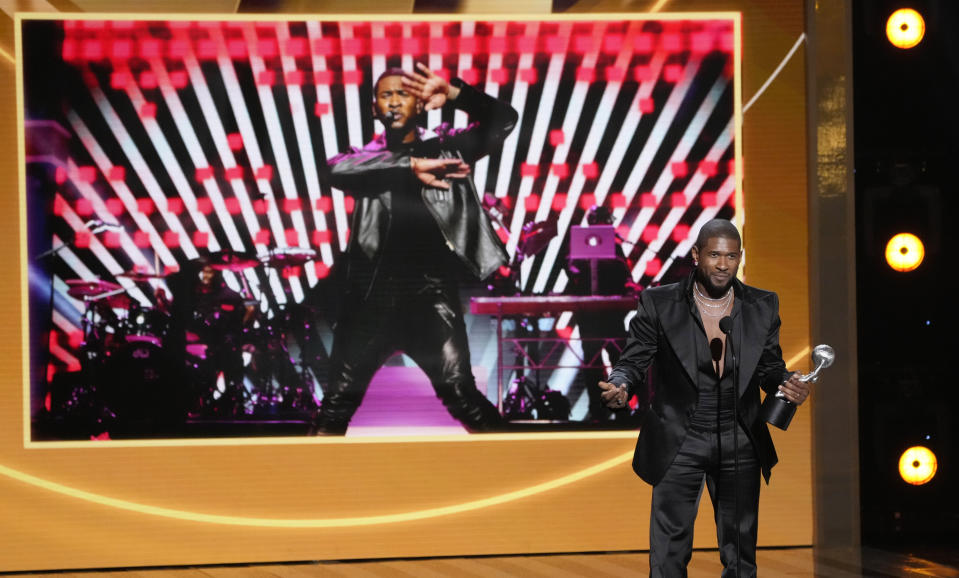 Usher speaks to the audience after winning Entertainer of the Year during the 55th NAACP Image Awards, Saturday, March 16, 2024, at The Shrine Auditorium in Los Angeles. (AP Photo/Chris Pizzello)