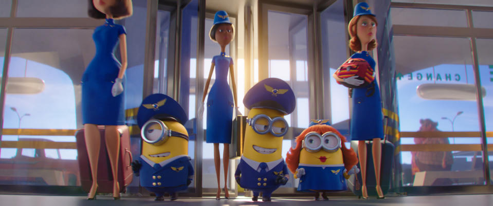 This image released by Universal Pictures shows Minion characters, from left, Kevin, Stuart and Bob in a scene from "Minions: The Rise of Gru." (Illumination Entertainment/Universal Pictures via AP)