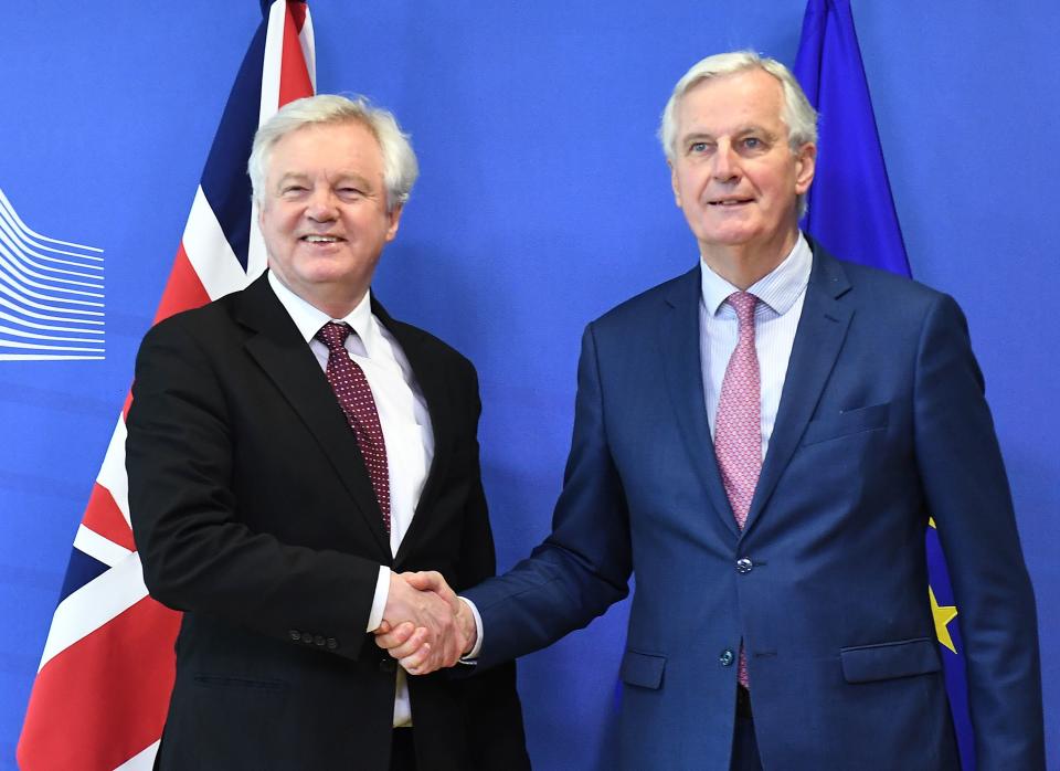 EU chief Brexit negotiator Michel Barnier (right) with UK Government Brexit Secretary David Davis (Getty)