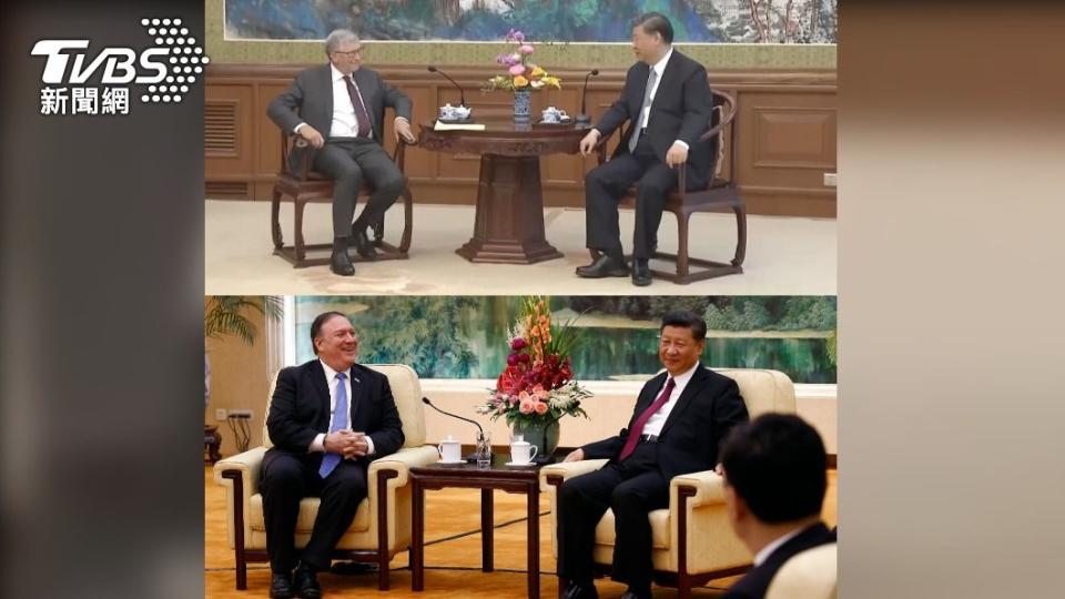 習近平會見比爾蓋茲（Bill Gates）、龐裴奧（Mike Pompeo）皆並肩而坐。（圖／達志影像美聯社）