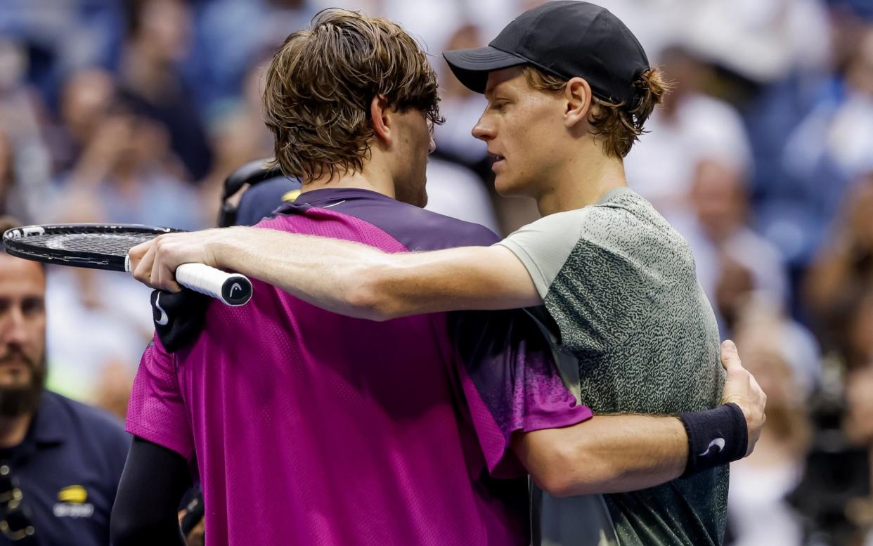 Jannik Sinner, right, of Italy greets Jack Draper, left, after winning their US Open semi-final at the Arthur Ashe Stadium, Flushing Meadows, New York, 6 September, 2024.