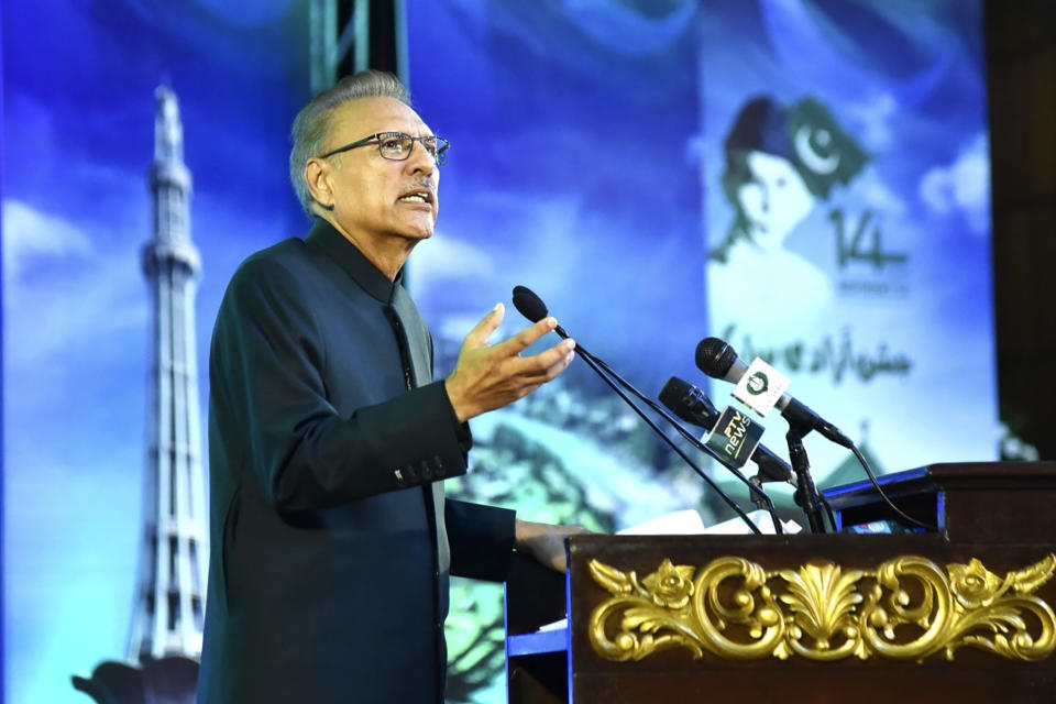 In this photo released by Press Information Department, Pakistan's President Arif Alvi addresses during a ceremony to commemorate Independence Day in Islamabad, Pakistan, Monday, Aug. 14, 2023. Millions of Pakistanis celebrate the 76th Independence Day from British rule. (Press Information Department vis AP)