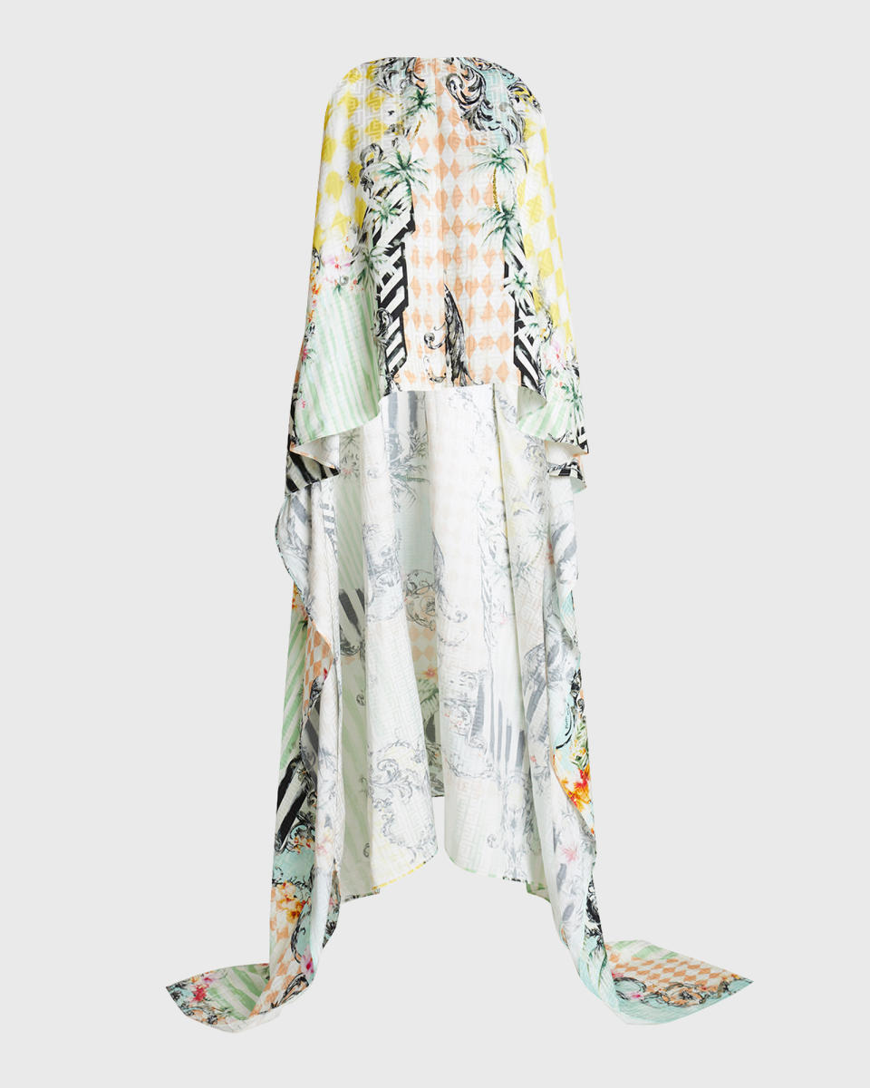 The archival Balmain print, in a sleeveless kaftan.