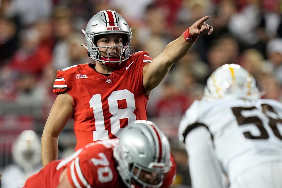 Sep 7, 2024; Columbus, Ohio, USA; Ohio State Buckeyes quarterback Will Howard (18) motions during the second half of the NCAA football game against the Western Michigan Broncos at Ohio Stadium.