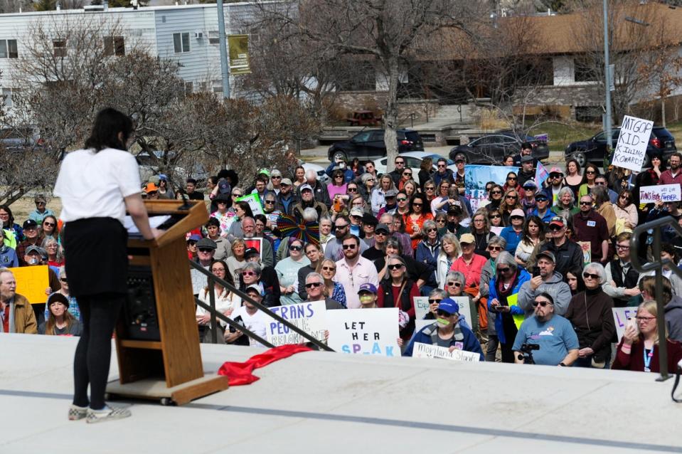 Protesters rally in support of LGBTQ+ people at the Montana capitol (Thom Bridge, Independent Record)