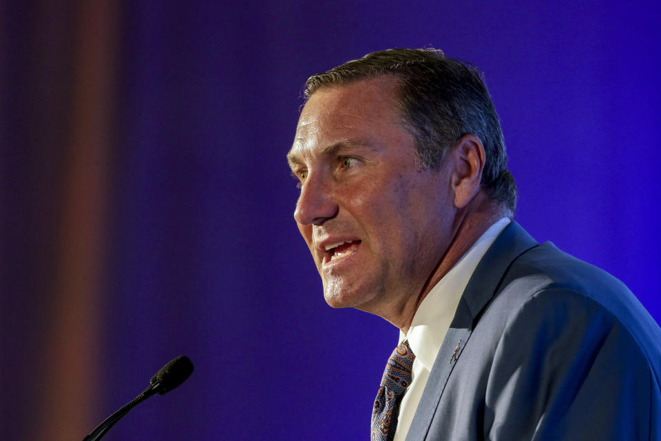 Florida head coach Dan Mullen speaks to reporters during the NCAA college football Southeastern Conference Media Days Monday, July 19, 2021, in Hoover, Ala. (AP Photo/Butch Dill)