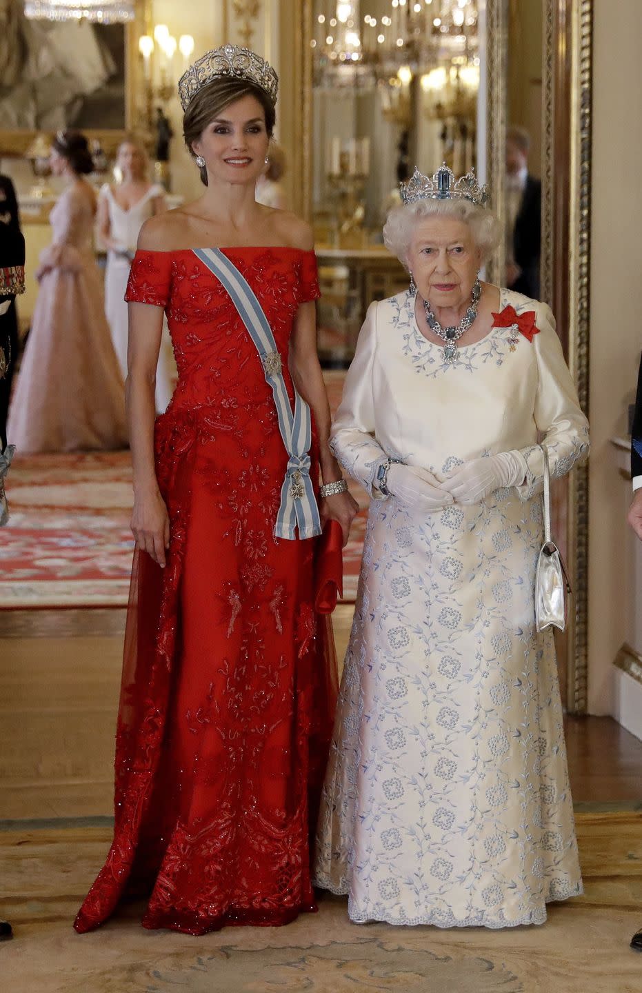 <p>King Felipe and Queen Letizia of Spain embarked on a state visit to the United Kingdom in 2017. Queen Elizabeth hosted the royals for an official state banquet at Buckingham Palace. Letizia wore a striking off-the-shoulder dress with a gorgeous tiara, while the Queen wore a white embroidered gown also with an equally impressive tiara. </p>