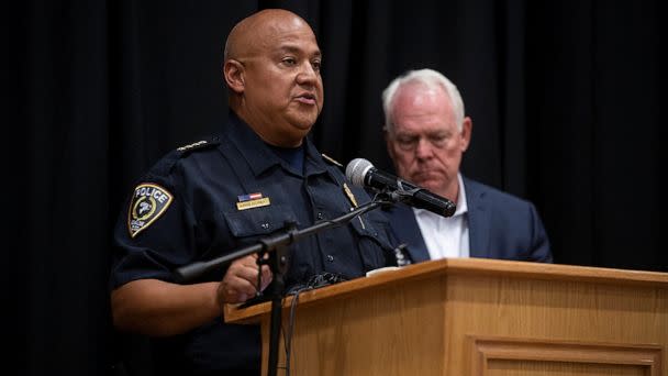 PHOTO: In this May 24, 2022, file photo, Uvalde School Police Chief Pete Arredondo speaks at a press conference following the shooting at Robb Elementary School in Uvalde, Texas. (Mikala Compton/USA Today Network via Reuters, FILE)