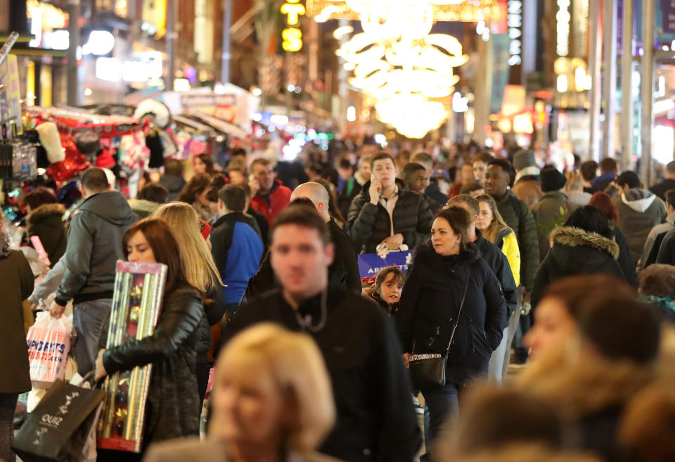 Christmas shoppers on one of Dublin’s main shopping streets. Pic: PA