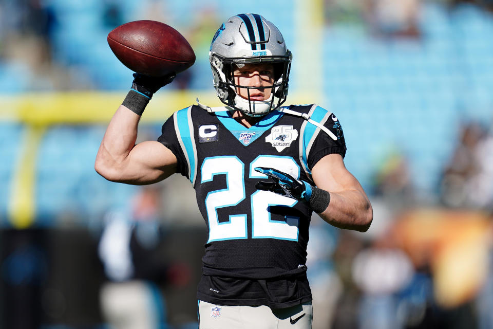 CHARLOTTE, NORTH CAROLINA - DECEMBER 15: Christian McCaffrey #22 of the Carolina Panthers before their game against the Seattle Seahawks at Bank of America Stadium on December 15, 2019 in Charlotte, North Carolina. (Photo by Jacob Kupferman/Getty Images)