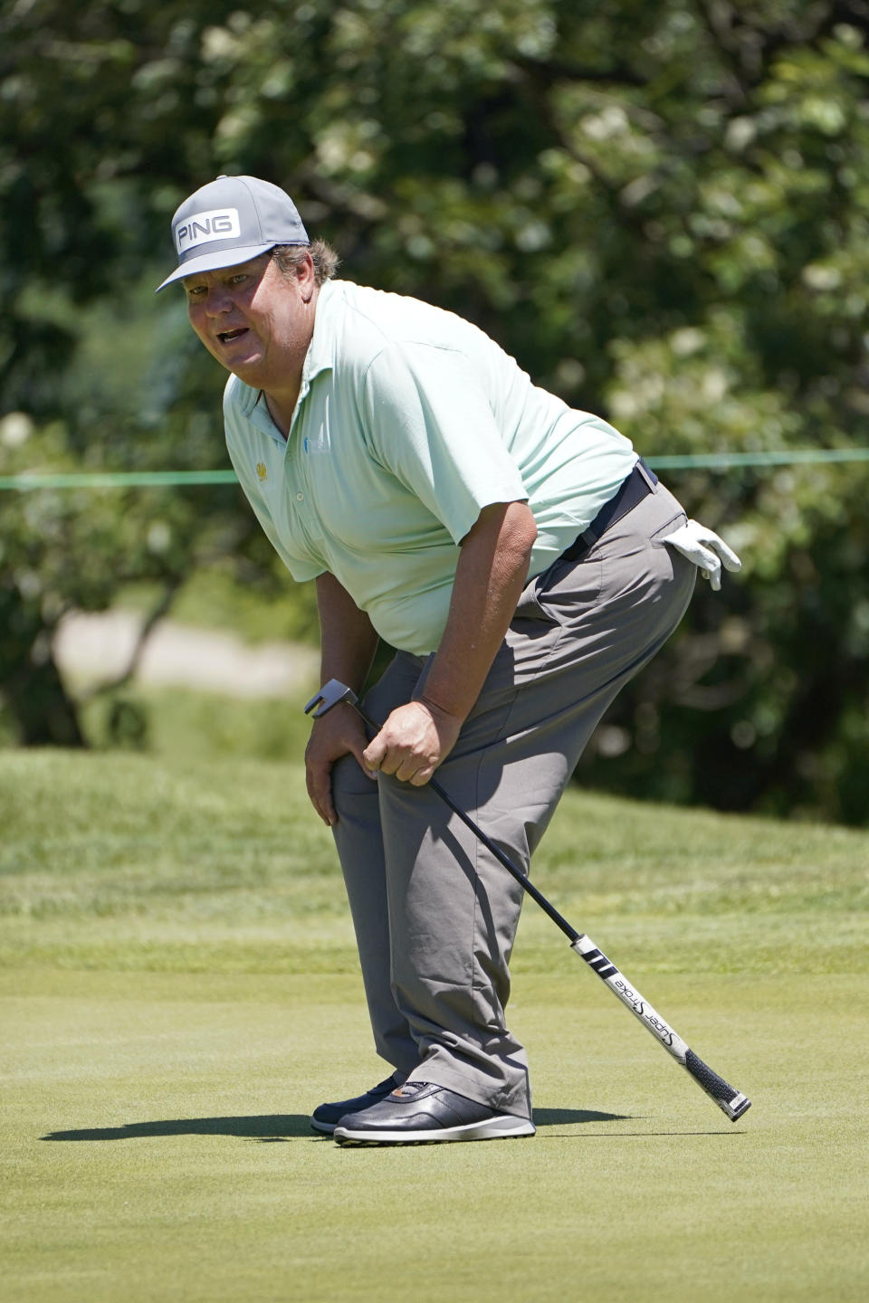 Tim Herron reacts after missing a birdie putt on the ninth green during the second round of the PGA Tour Champions Principal Charity Classic golf tournament, Saturday, June 5, 2021, in Des Moines, Iowa. (AP Photo/Charlie Neibergall)