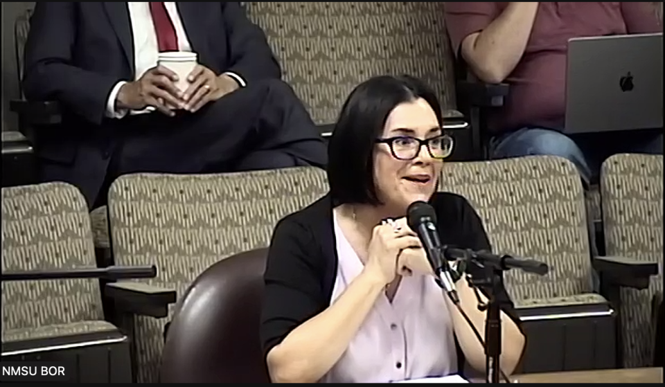 NMSU Vice President for Equity, Inclusion, Diversity, Teresa Maria Linda Scholz, presents Goal 6 to the NMSU Board of Regents during Friday's special meeting on July 14, 2023.