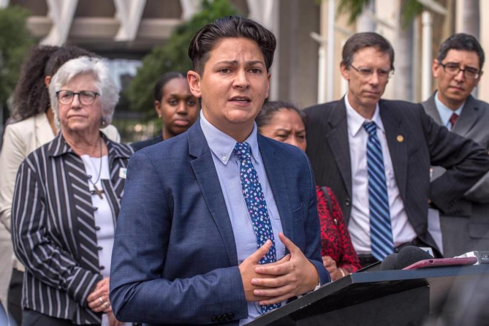 Lawyer Mich Gonzalez speaks during a press conference outside the Wilkie D. Ferguson U.S. Courthouse in Miami on Thursday, September 26, 2019, before a court hearing where South Miami and immigrant rights groups seek an injunction over what they call an unconstitutional immigration law. The new Florida law purports to give ICE authority to conscript local police officers into performing immigration enforcement functions and prohibiting sanctuary policies.