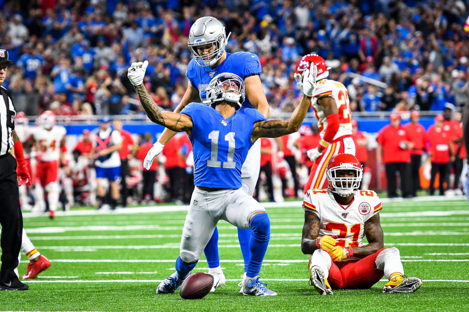 DETROIT, MI - SEPTEMBER 29: Detroit Lions wide receiver Marvin Jones (11) celebrates a long pass reception during the Detroit Lions versus Kansas City Chiefs game on Sunday September 29, 2019 at Ford Field in Detroit, MI. (Photo by Steven King/Icon Sportswire via Getty Images)