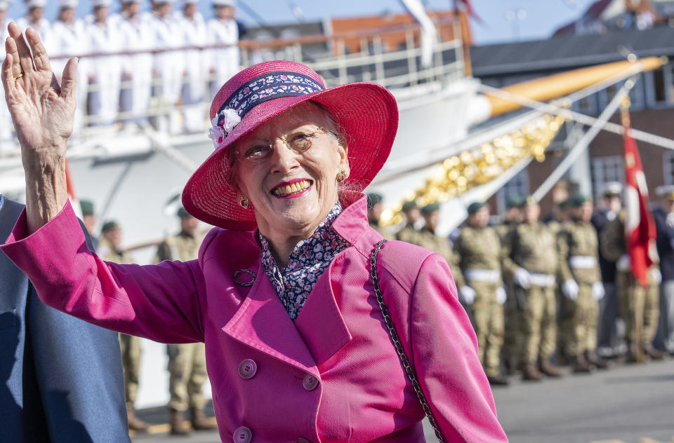 FILE - Denmark's Queen Margrethe waves on arrival during the summer voyage to Esbjerg, Denmark, Aug. 31, 2021. Denmark’s popular monarch Queen Margrethe is marking 50 years on the throne with low-key events on Friday Jan. 14, 2022. The public celebrations of Friday's anniversary have been delayed until September due to the pandemic. (John Randeris/Ritzau Scanpix via AP, File)