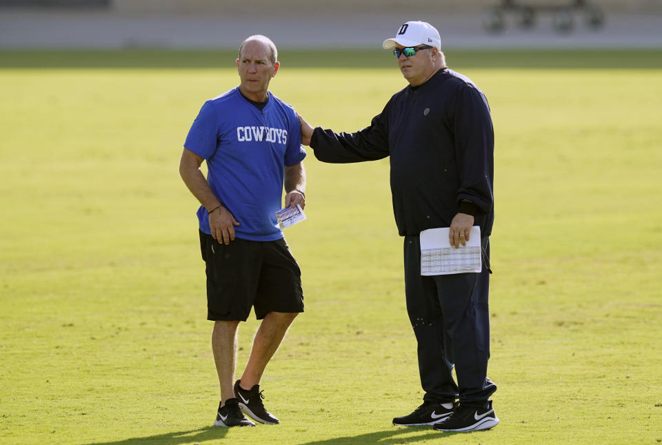 Dallas Cowboys head coach Mike McCarthy, right, and offensive line coach Joe Philbin watch team practice during an NFL football training camp in Frisco, Texas, Friday, Aug. 14, 2020. (AP Photo/LM Otero)