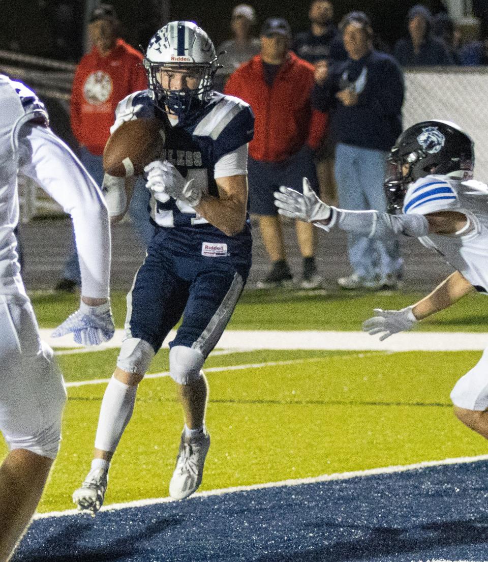 Fairless’s Brody Pumneo makes a touchdown catch against CVCA on Friday, Sept. 24, 2021.