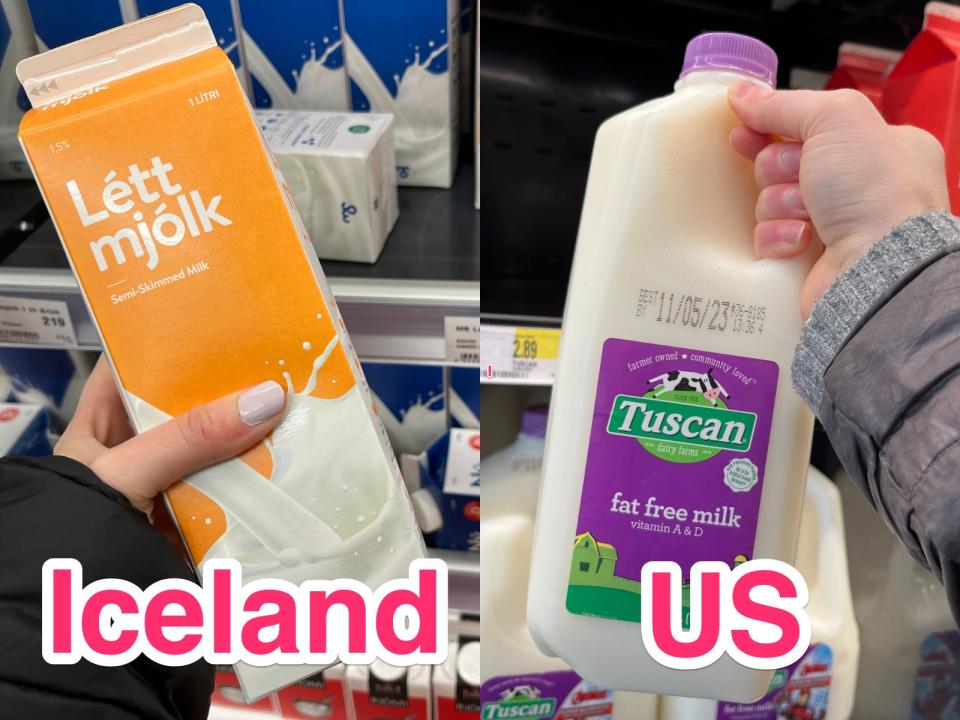 Milk for sale in Iceland (left) and the US.